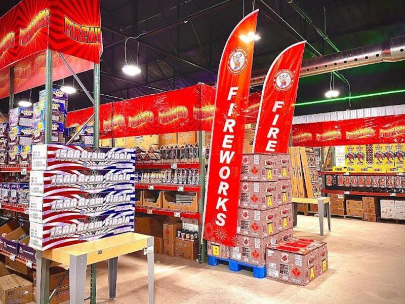Inside Fireworks Outlet OKC store with wide selection of fireworks available year-round